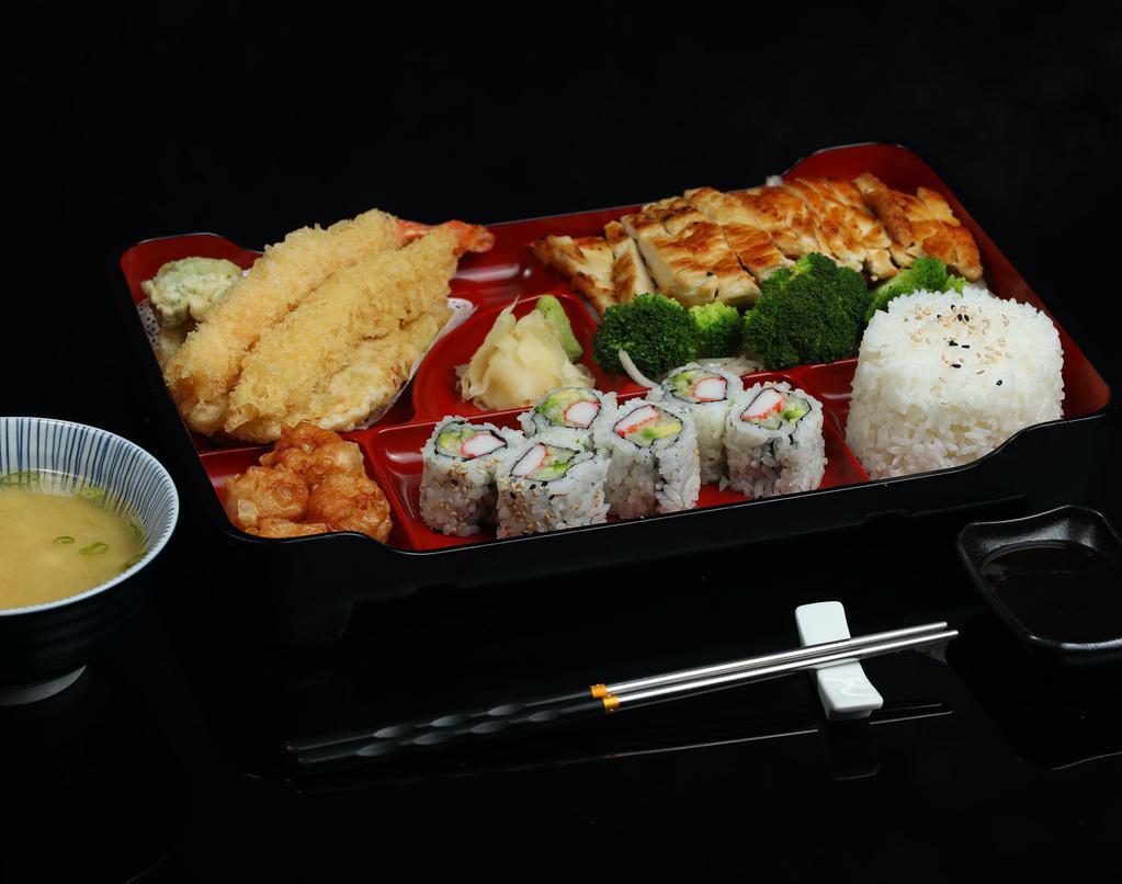 Teriyaki Chicken Bento Box · Served with shumai, california roll, vegetable tempura, white rice and miso soup/soda.