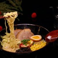 Tonkotsu Ramen · Pork chashu, wakame, nori, bamboo shoot, soft boiled egg (marinated), scallion and bean spro...