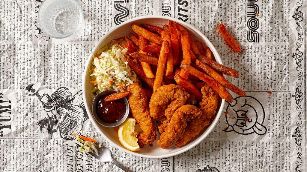 Fried Chicken Tender Basket · Fried Chicken Tender served with cajun fries, cole slaw and house bbq sauce.
