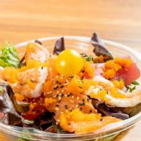Sashimi Salad  · Spring Mix, Salmon, Ahi Tuna and Yellowtail ( 2 Slices of Each), Masago ( Flying Fish Eggs),...