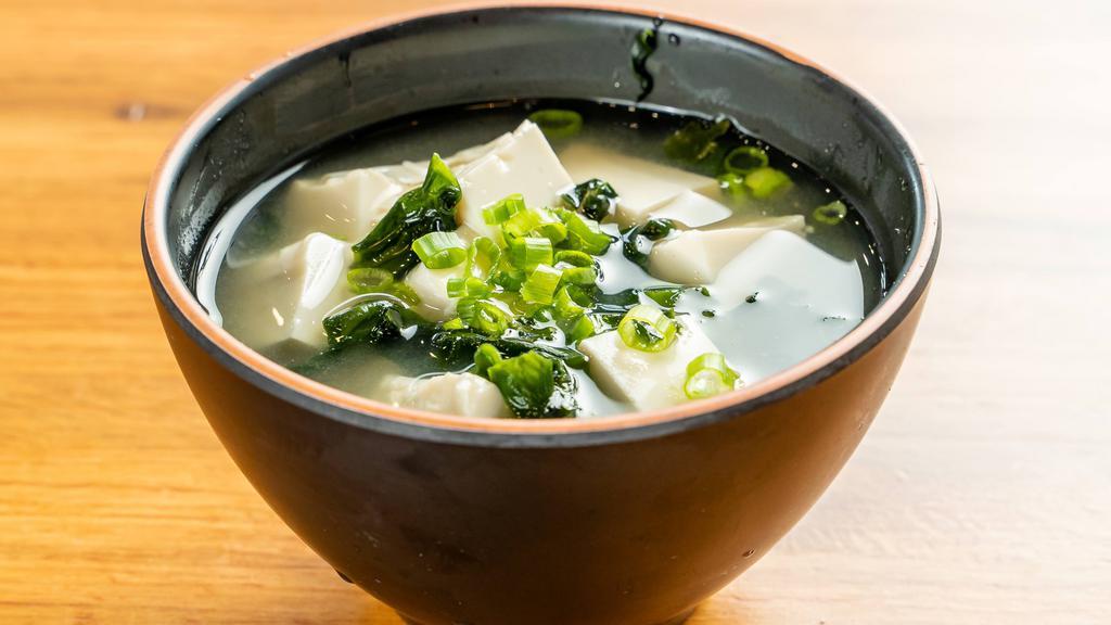Miso Soup  · Dashi( Japanese Soup Stock), Miso, Tofu, Wakame( Dried Seaweed), Shiitake Mushroom, Scallion, 12 oz Cup.