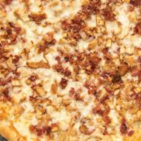 Chicken & Bacon Ranch Pizza · Tasty chicken cutlet diced with bacon, mozzarella and *optionally topped with luscious ranch...