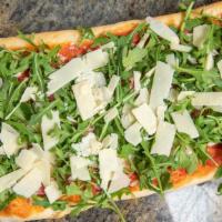 Pizza Toscana · Fresh mozzarella, arugula and shredded Reggiano and prosciutto.