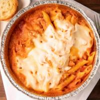 Baked Ziti · Pasta mixed with ricotta cheese then baked with mozzarella cheese and our homemade marinara ...