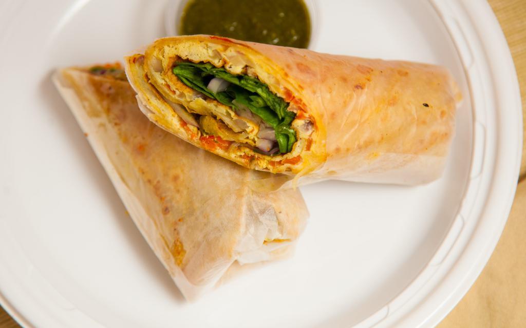 Galli Omelette Kathi Roll · Eggs, Bell Peppers, Onions and Tomatoes. Gluten Free.