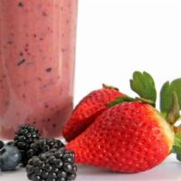 Tropical Berry Smoothie · Freshly squeeze smoothie made with Strawberry, Blueberry, Raspberry, Banana, and Coconut Milk.