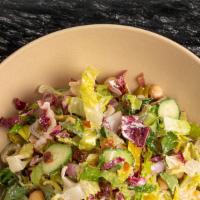 Chopped Salad · Cashew mozzarella, chickpeas, romaine, radicchio, cucumber, pepperoni. SF.