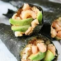 Avocado Cucumber Hand Roll · Avocado and cucumber with sushi rice, wrapped in nori.