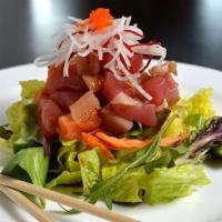 Tricolor Sashimi Salad · Tuna, salmon, and yellowtail over mixed greens with wasabi yuzu sauce.