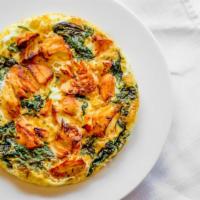Protein Omelet (Baked Egg Whites) · 5 baked egg whites with grilled chicken breast & steamed spinach.