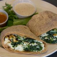 Eggs & Spinach Wrap (Baked Egg Whites) · Whole wheat wrap with 5 baked egg whites, steamed spinach, and feta pesto.