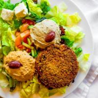 Classic Vegetarian Combo (Vegetarian) · Romaine Lettuce w. falafel, hummus, baba ghanoush, feta cheese, olives, lime, cucumber, toma...