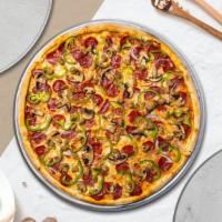 Locked And Loaded Pizza · (Vegan) Fresh mushrooms, green peppers, red onions, and vegan cheese baked on a hand-tossed ...