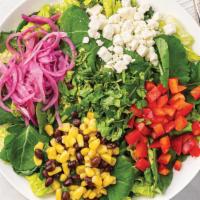 Regular El Jefe Salad · Organic baby kale and romaine, roasted corn, black beans, red bell peppers, pickled red onio...