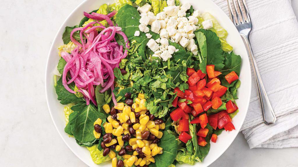 Regular El Jefe Salad · Organic baby kale and romaine, roasted corn, black beans, red bell peppers, pickled red onion, crumbled feta cheese, cilantro, Lime Vinaigrette Dressing.