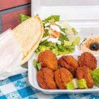 Falafel Plate · A golden-fried mixture of garbanzo beans with various vegetables. Served with salad, hummus,...