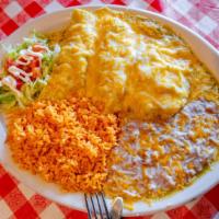 Enchiladas De Pollo · Chicken with choice of sauce. It comes  with rice and bean on side.