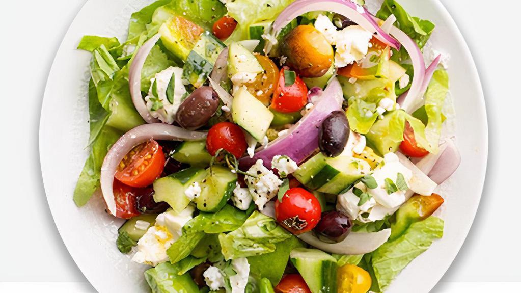  Greek Salad · Iceberg, feta, cucumber, red onion, peppers, kalamata olives, red wine dressing