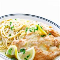 Chicken Francese · White wine, lemon, and butter. Choice of pasta or salad.