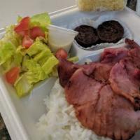 Honey Glazed Ham Plate · Plate comes with honey glazed ham, rice, toss salad, and brownie.