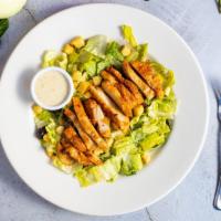 Faith Will Move Croutons (Chicken Caesar) · Chicken, romaine, olives, croutons, Parmesan cheese, and Caesar dressing.