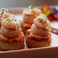 Shrimp Crispy Sushi · Deep fried sushi rice topped with shrimp, spicy tuna mayo, and house special sauce. [ 4pc ]