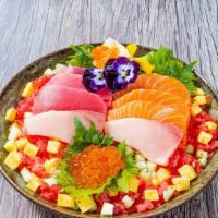 Ultimate Chirashi Bowl · 10oz. assorted sashimi (salmon, tuna, yellowtail ), tuna ground, ikura, tobiko, tamago, cunc...