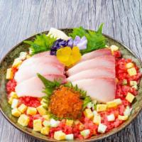 Yellowtail Chirashi Bowl · 8 oz. yellowtail, tuna ground, ikura, tamago, cucumber, shredded nori , pickled ginger and w...