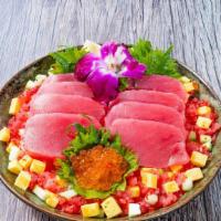 Ahi Tuna Chirashi Bowl · 8 oz. ahi tuna, tuna ground ikora, tobiko, tamago, cucumber, shredded nori,  pickled ginger ...