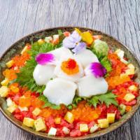 Scallop Chirashi Bowl · Hokkaido scallop , tuna ground, ikura, tobiko, tamago, cucumber, shredded nori, pickled ging...
