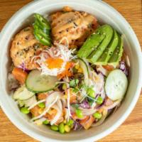 Salmon Lover · Salmon and 2 Scoops of Spicy salmon, Cucumber, Edamame, Sweet Onion, Organic Corn, Red Cabba...