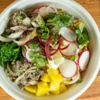 Ginger Meat Bowl · Grilled Chicken or Beef Steak, Kale,Cilantro, Sweet Onion, Carrot, Radish, Ginger Pickle, , ...