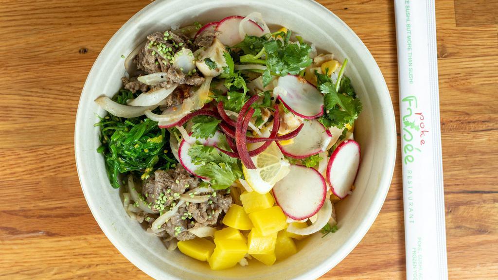 Ginger Meat Bowl · Grilled Chicken or Beef Steak, Kale,Cilantro, Sweet Onion, Carrot, Radish, Ginger Pickle, , Kani Salad,Seaweed Salad, Sesame Seed, Spicy Ginger Dressing and Ponzu Fresh.