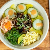 Unagi Bowl · 2 Scoops of Roasted Eel, Cucumber, Edamame, Sweet Onion, Corn,  Oshiko, Tamago, Seaweed Sala...