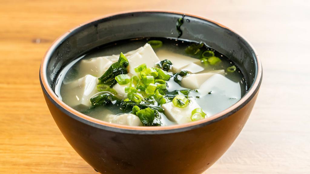 Miso Soup  · Dashi ( Japanese Soup Stock) , Miso , Tofu , Wakame ( Dried Seaweed ), Shiitake Mushroom , Scallion , 12 oz Cup.