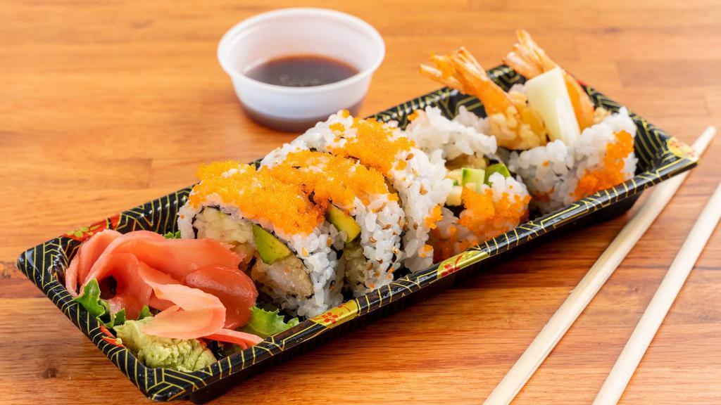Tiger Roll · Main ingredients: avocado, shrimp tempura, cucumber, tobiko.                                                                       sauce: eel sauce.