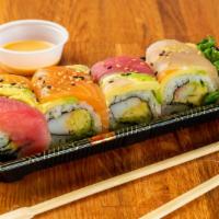 Rainbow Roll · Main ingredients: fish (tuna, salmon, yellowtail), avocado on the top of a California roll. ...