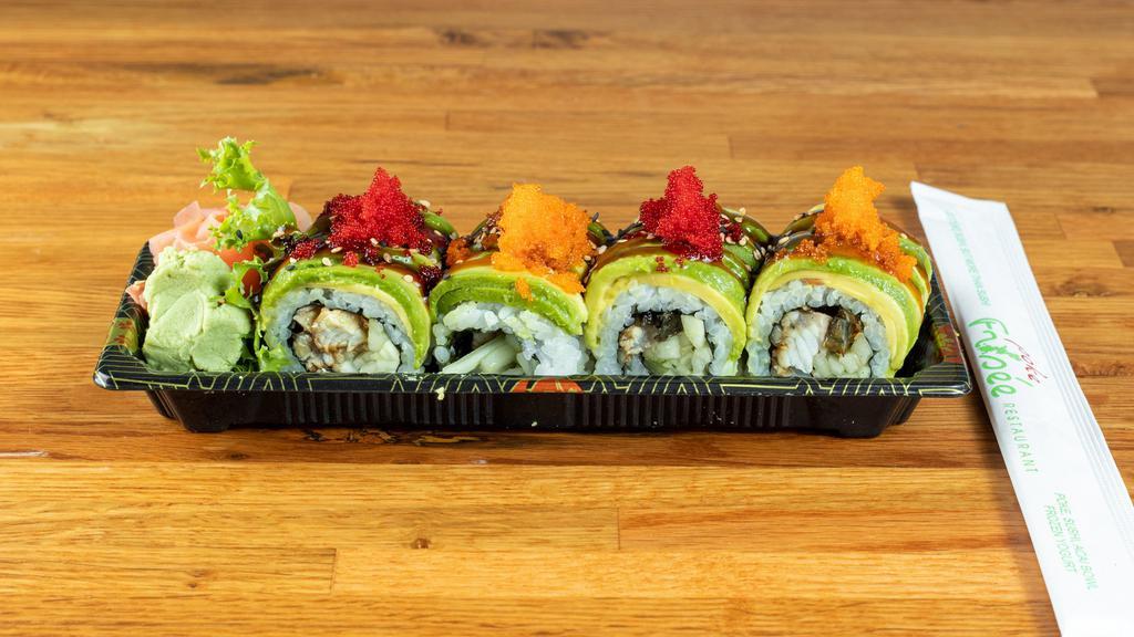 Dragon Roll · Main ingredients: crab, cucumber / eel, avocado, tobiko outside .                                                                            sauce: wasabi, ginger, eel sauce.