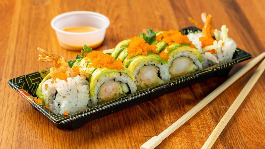 Caterpillar Roll · Main ingredients: shrimp tempura, cucumber, egg, avocado.                                                                                          sauce: wasabi, ginger, soy sauce, eel sauce.