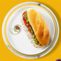Vegan Tuna Melt Sandwich · Vegan Tuna deli style topped with vegan mayonnaise, vegan cheese, onions, tomatoes, and pepp...