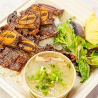 Kalbi And Chicken Long Rice · Includes Lomi Salmon, Poke, Haupia Rice or Poi.