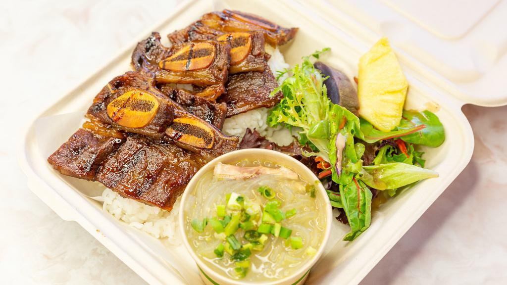 Kalbi And Chicken Long Rice · Includes Lomi Salmon, Poke, Haupia Rice or Poi.