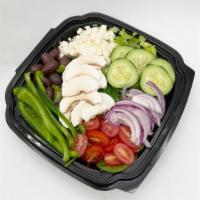 Mediteranean Salad · topped with feta Cheese, kalamata Olives, tomatoes, peppers, onions and mushrooms over mixed...