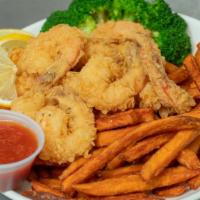 Fried Shrimp Basket (10) · 10 crispy, fresh shrimp deep fried and seasoned. Served with your choice of fries