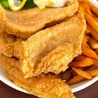 Fried Catfish Basket (4) · 4 crispy, fresh catfish filets deep fried and seasoned. Served with your choice of fries