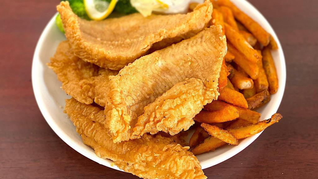 Fried Catfish Basket (4) · 4 crispy, fresh catfish filets deep fried and seasoned. Served with your choice of fries