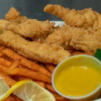 Chicken Tender Basket (4) · 4 crispy chicken tenders deep fried and seasoned. Served with your choice of fries