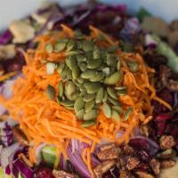Krave Special Salad · Red cabbage, romaine lettuce, carrots, red onion, pumpkin seeds, honey pecans, cranberries, ...