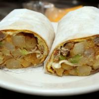 Breakfast Burrito · Two eggs, omelet style with cheese, with your choice of meat. Served with home fries. Wrappe...