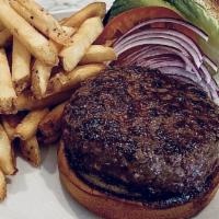 Classic Burger · 8oz Organic Angus beef served with lettuce, tomato, onions, Cheddar cheese, and homemade pic...